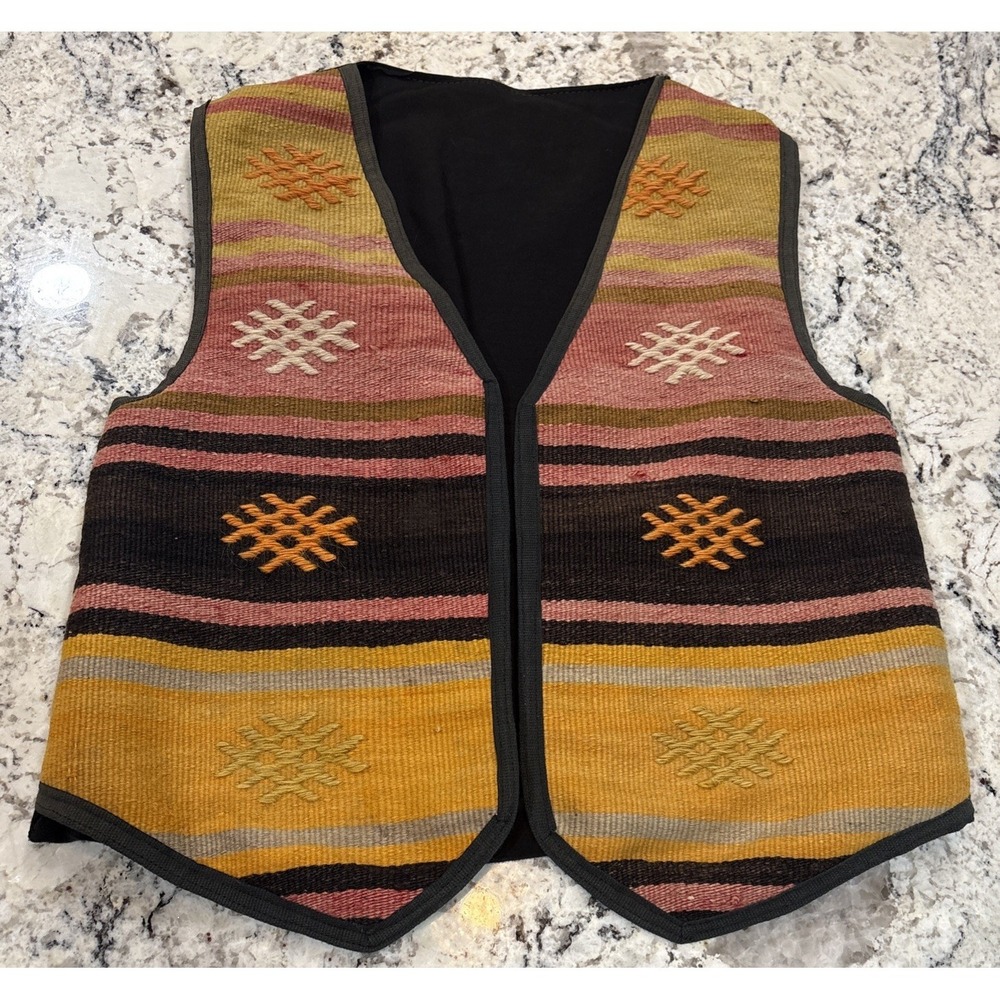 Vtg M/L Kilim Wool Tapestry‎ Woven Vest Southwestern Boho Tribal Folk Artsy